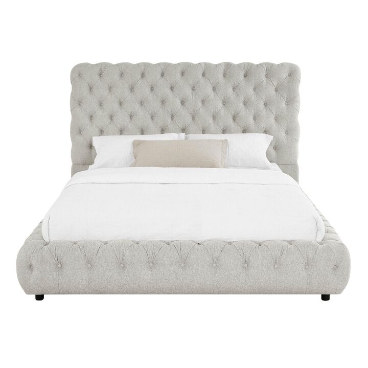 Goy King Size Bed, Low Profile, Button Tufted, Gray Fabric Upholstery