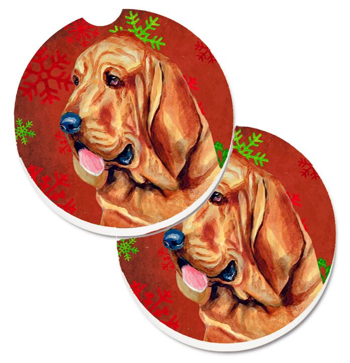 Caroline's Treasures Bloodhound Red & green Snowflakes Holiday Christmas Set of 2 Cup Holder Car Coasters LH9331CARC, 2.56, Multicolor