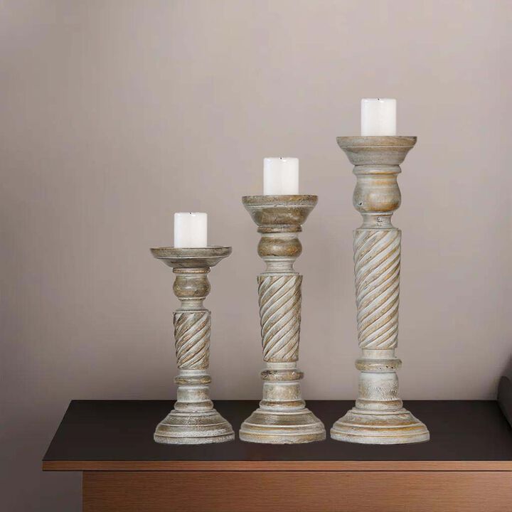 BBH HomesTraditional Gray Wash Eco-friendly Handmade Mango Wood Set Of Three 9",12" & 15" Pillar Candle Holder