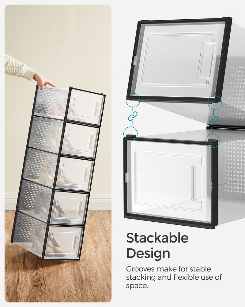 Stackable Shoe Boxes (18 Count) &ndash; Fits Large Shoes Up to US Size 13, Transparent Design for Easy Access