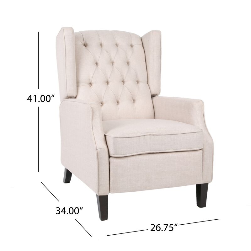Pushback Recliner Chair, Strutted Legs, Beige Tufted Pleated Fabric - Benzara