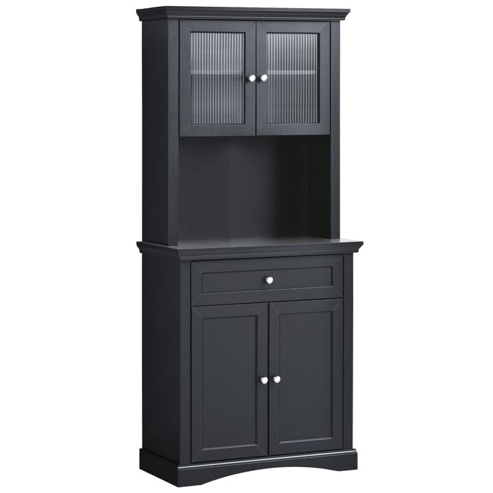 71" Traditional Freestanding Kitchen Buffet with Hutch, Pantry Cabinet with 4 Doors, 3-Level Adjustable Shelves, and 1 Drawer, Black