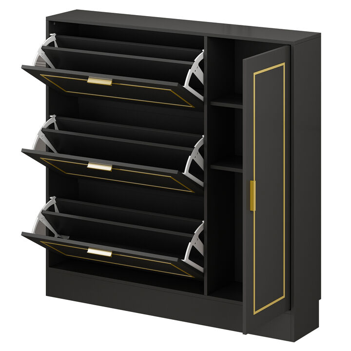 47.2 in. H x 47.2 in. W Wood Shoe Storage Cabinet Black Gold with 3-Drawers, 1-Cabinet for 27-Pairs