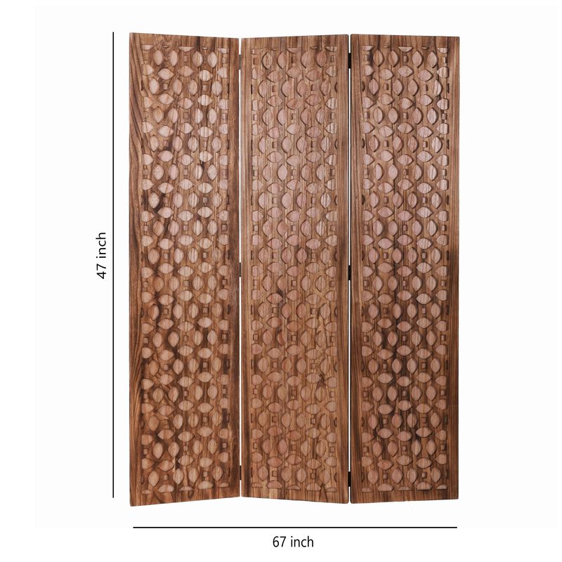 3 Panel Transitional Wooden Screen with Leaf Like Carvings, Brown-Benzara