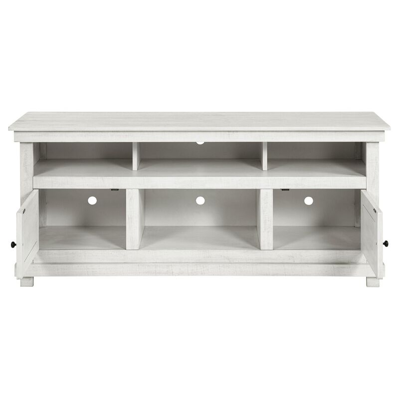 Ayne TV Stand Media Cabinet, 2 Doors and 4 Shelves, White Wood 60 Inch - Benzara