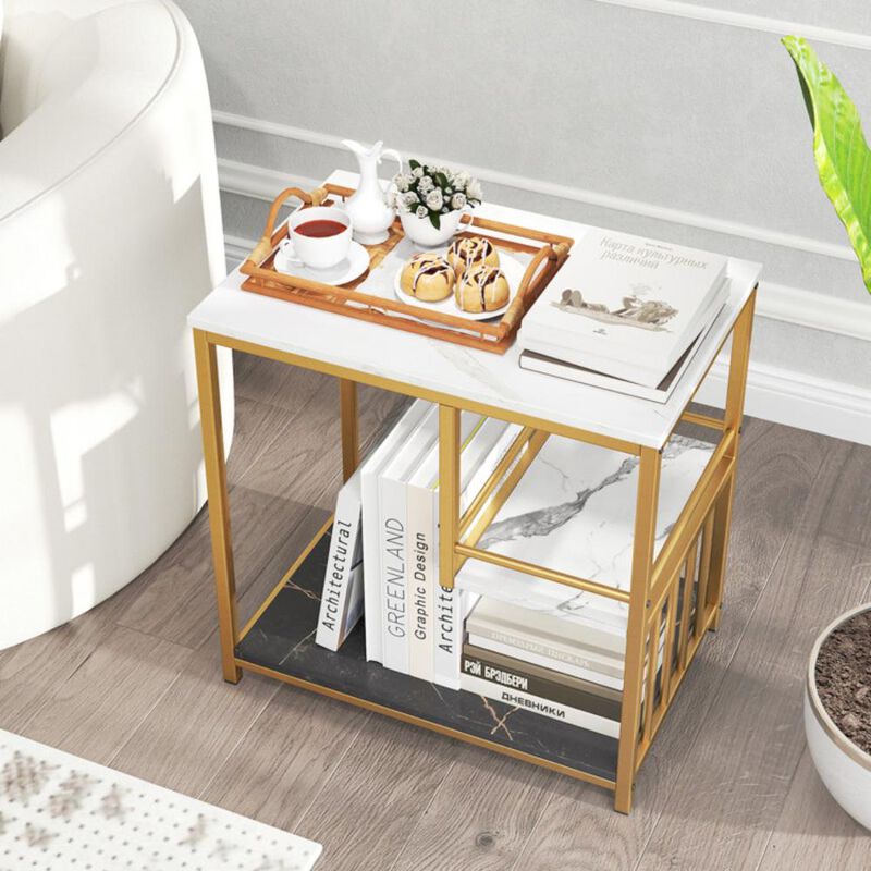 Hivvago 3-Tier Multi-function Marble End Table with Storage Shelf