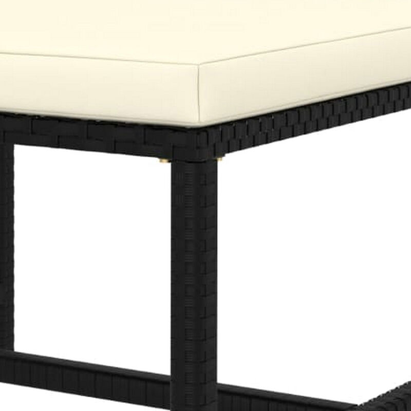 Reno Outdoor Sectional Footrest Ottoman, Black Rattan, Ivory Polyester - Benzara