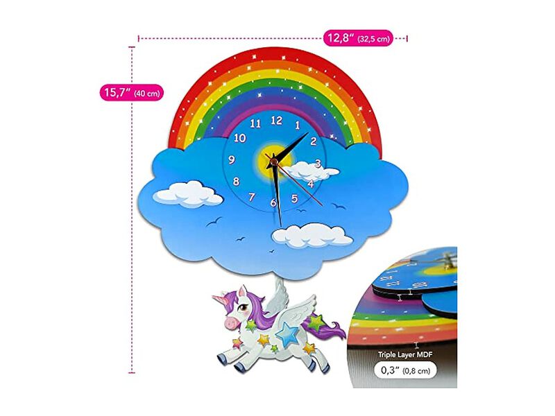 Unicorn Rainbow Pendulum Three Dimensional Wall Clock Wood Bedroom Decor image number 3