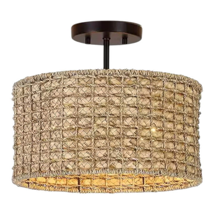 Handwoven Rattan Drum Ceiling Light – Semi-Flush Mount with Two Bulb Capacity