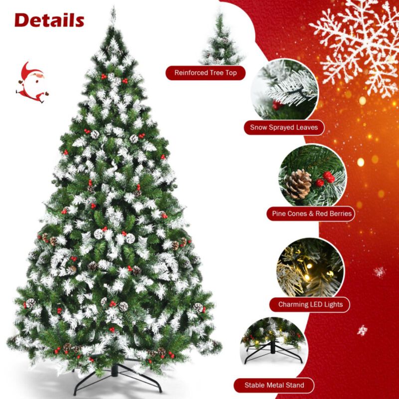 Hivvago Pre-lit Snow Flocked Christmas Tree with Red Berries and LED Lights-6 ft