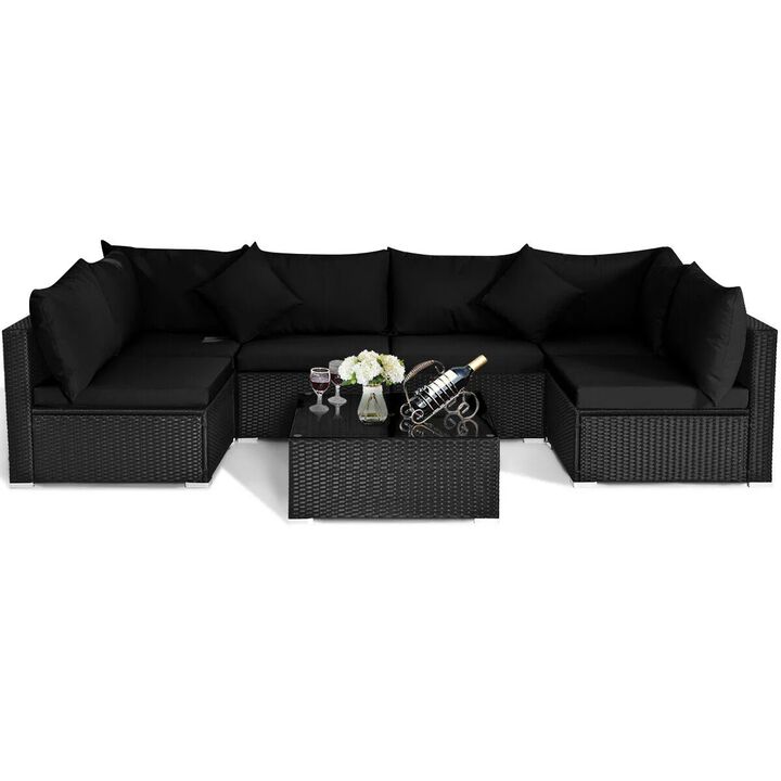 Mondawe 7 Pieces Sectional Wicker Furniture Sofa Set with Tempered Glass Top Coffee Table