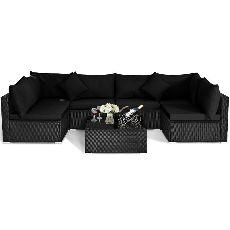Mondawe 7 Pieces Sectional Wicker Furniture Sofa Set with Tempered Glass Top Coffee Table