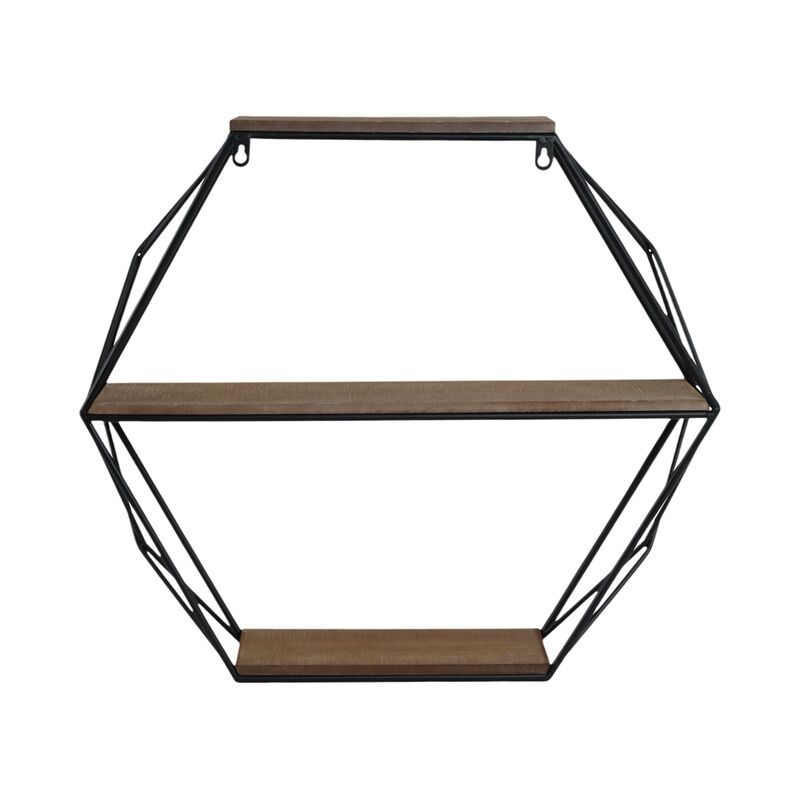 Metal/wood 3 Tier Hexagon Wall Shelf, Brown/black image number 5