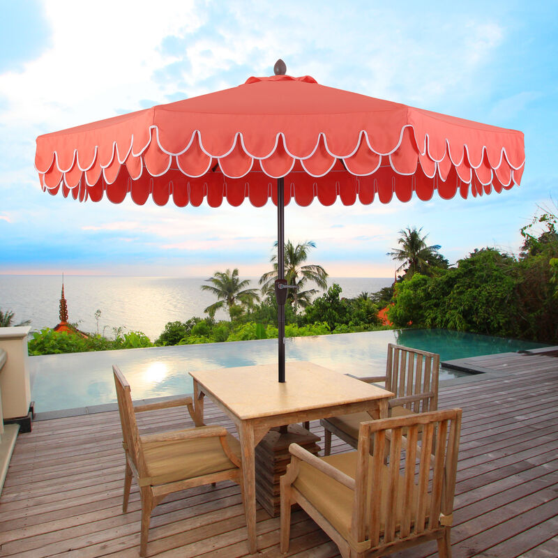 Tracy Classic MidCentury Scalloped Fringe Market Patio Umbrella with Auto-Tilt, Crank, Wind Vent and UV Protection
