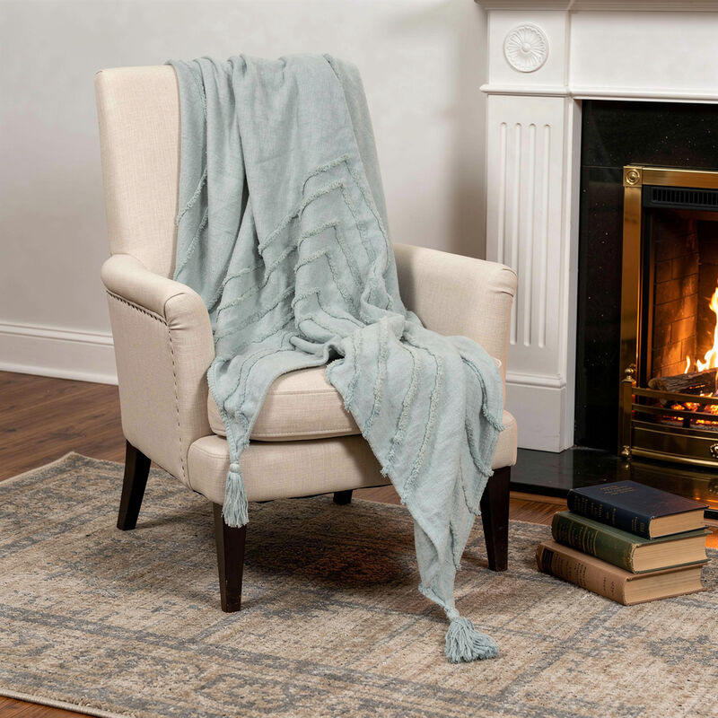 HomeRoots 50" X 60" Aqua Cotton Woven Geometric Throw Blanket with Tassels image number 1
