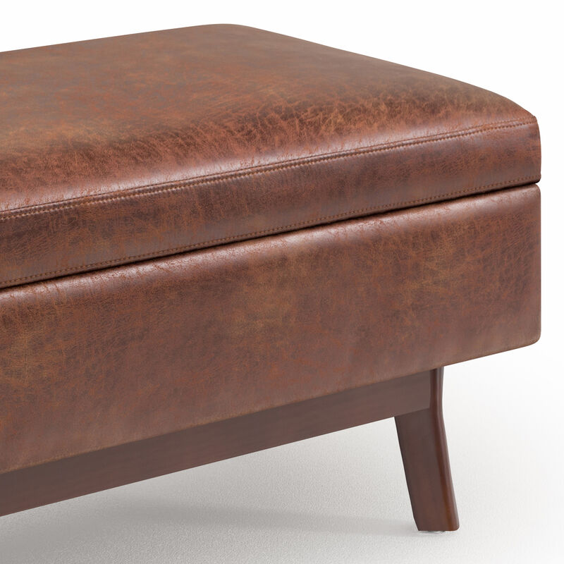 Owen Small Rectangular Storage Ottoman in Distressed Saddle Brown Faux Air Leather