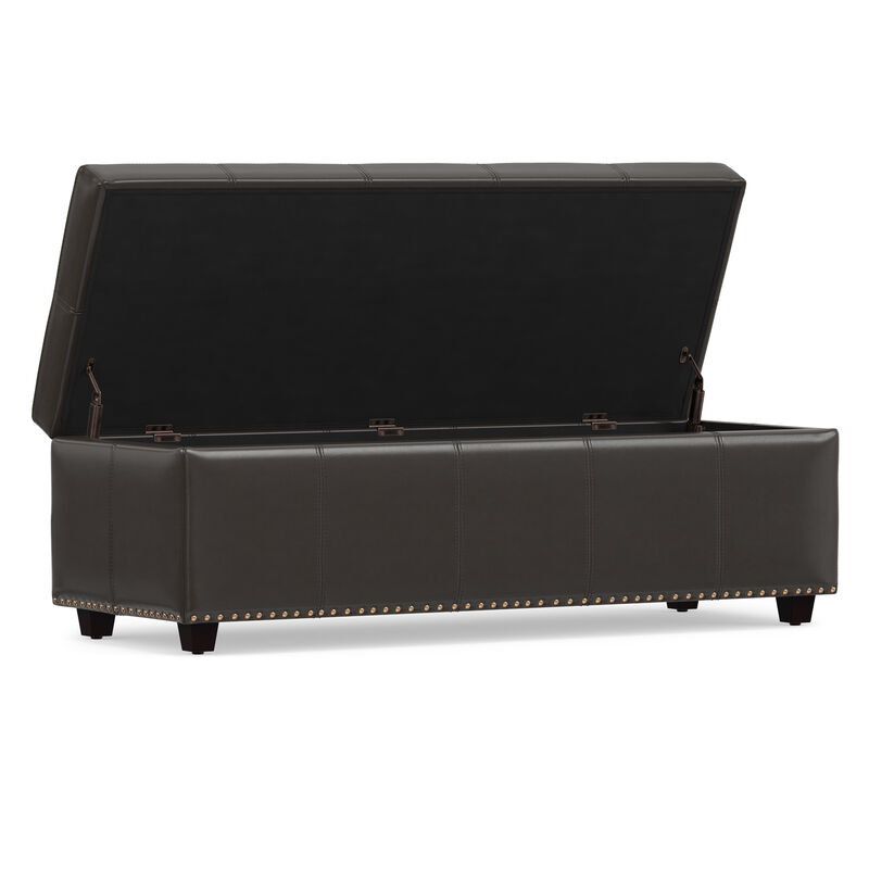 Kingsley 48 inch Wide Transitional Rectangle Large Storage Ottoman in Coffee Brown Vegan Faux Leather, Assembled image number 3