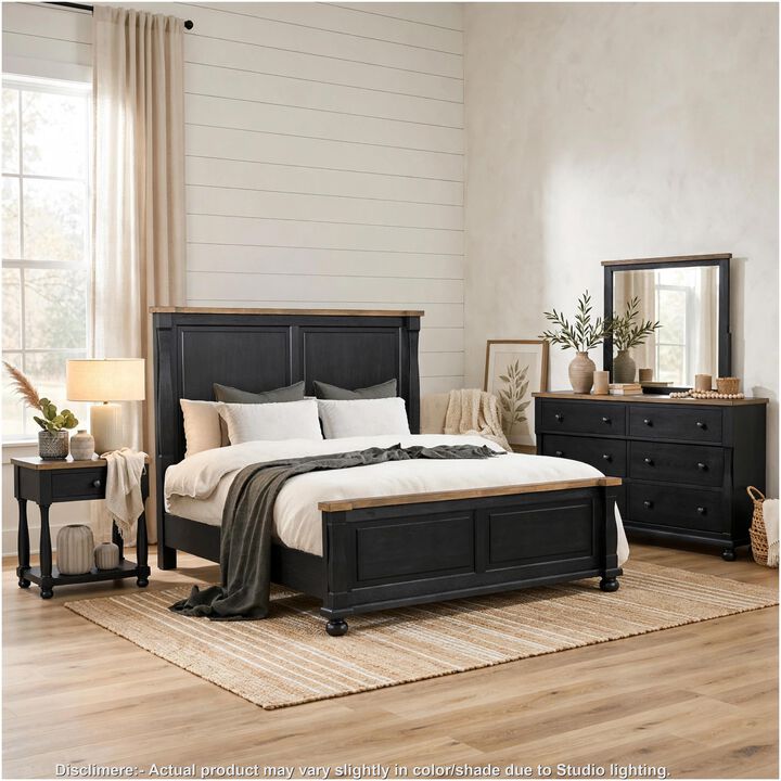 Ginie 4pc Queen Bedroom Set, USB Bedside Table, Black Rustic Oak Brown