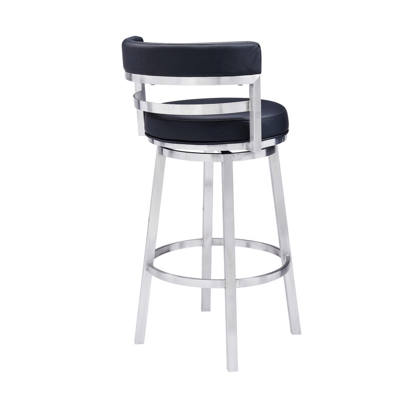 Eva 30 Inch Padded Swivel Bar Stool Chair, Steel Finish, Black Faux Leather - Benzara