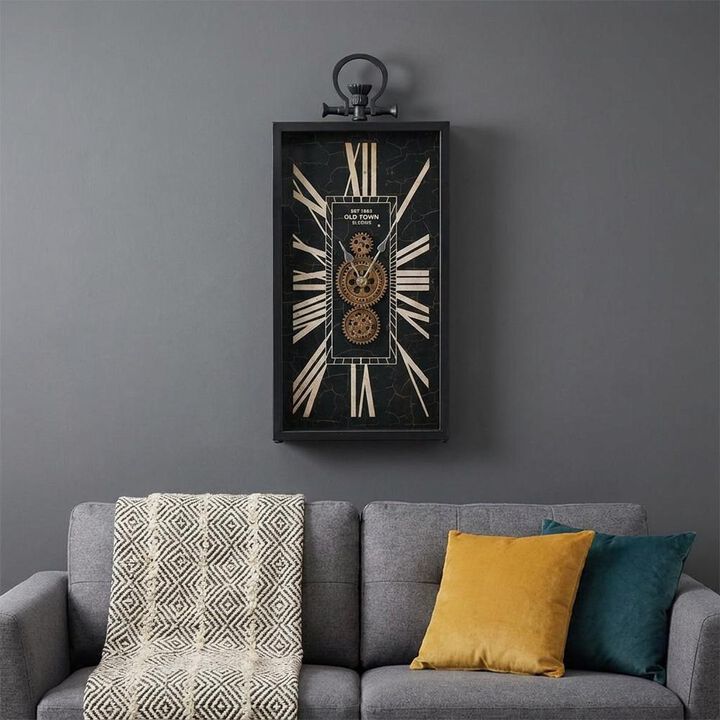 HomeRoots 10" Black and Gold Metal and Glass Analog Vintage Style Crackle Wall Clock