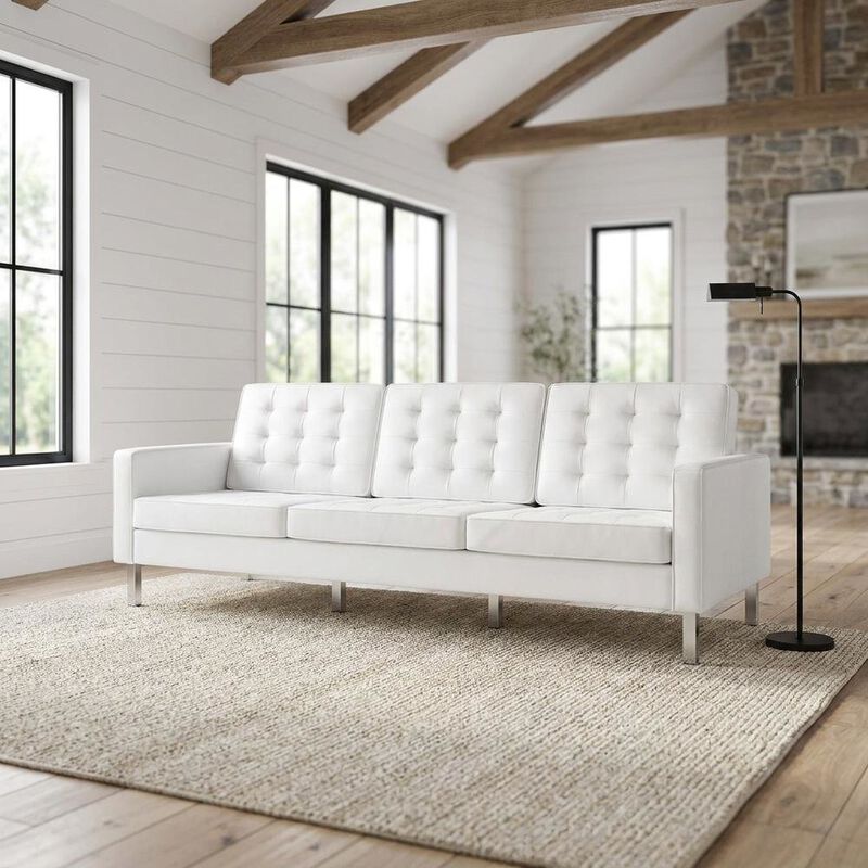 Tufted Vegan Leather Sofa, Faux Leather Couch for Living Room, Silver White image number 5