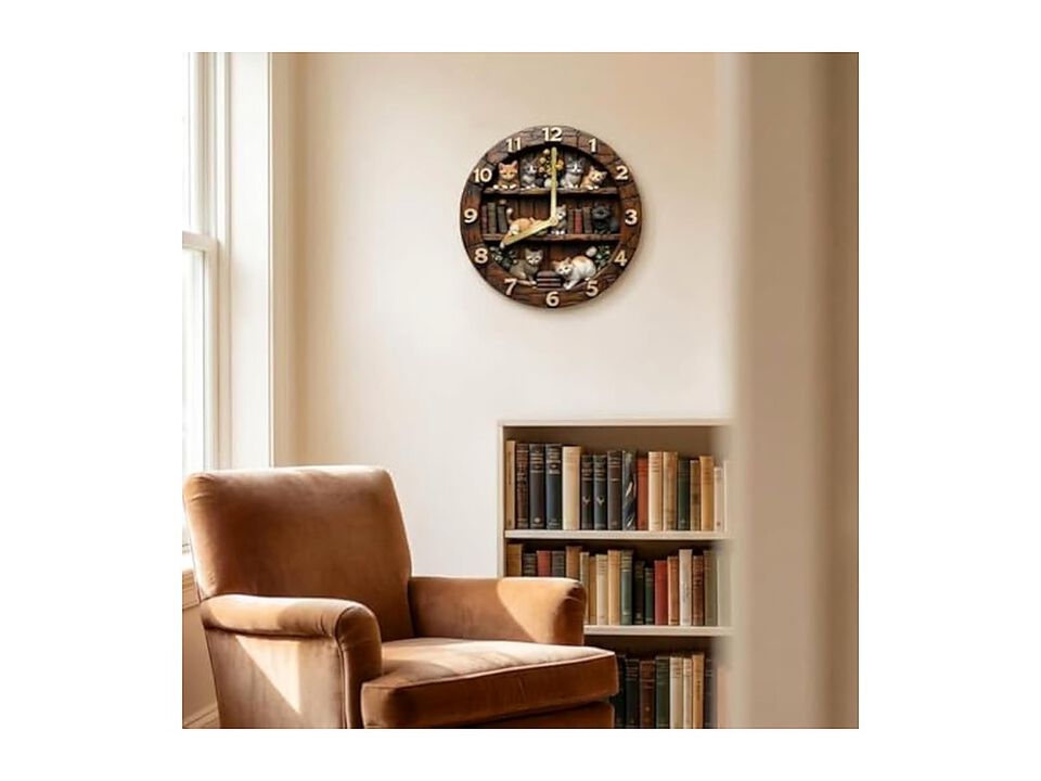 Cat Themed Retro Wooden Vintage Pet Wall Clock Silent Non Ticking Wood