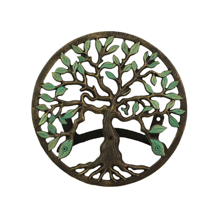 Cast Iron Tree of Life Garden Hose Hanger - 12" - Green/Bronze Finish