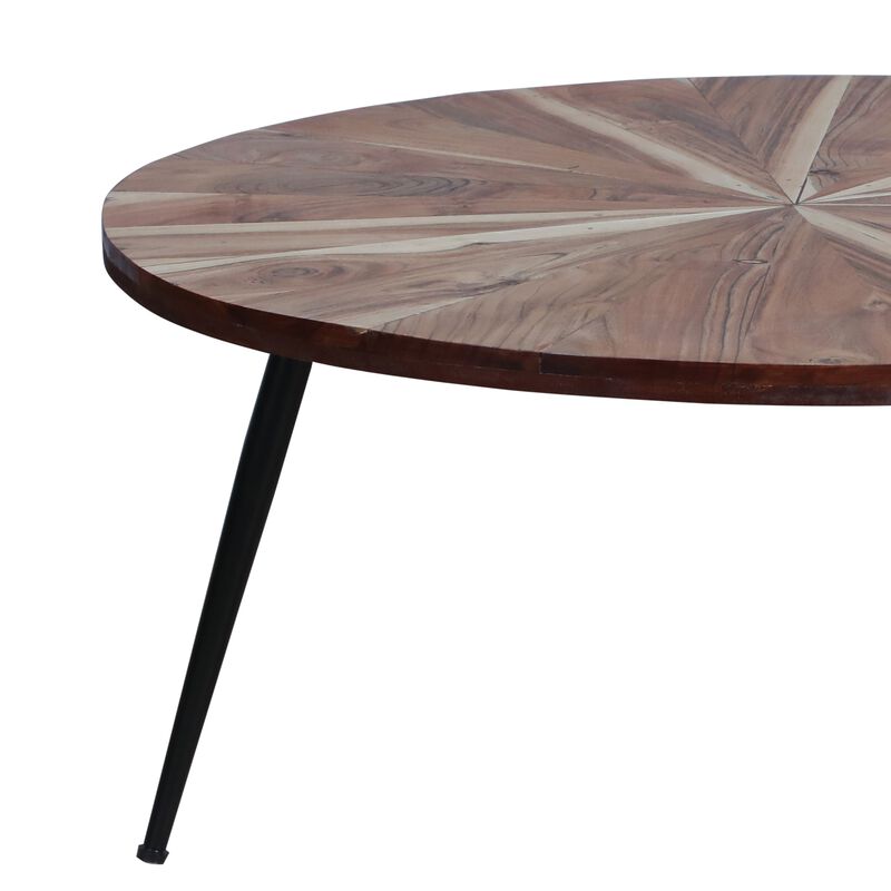 31 Inch Round Acacia Wood Coffee Table, Sunburst Design, Black Powder Coated Tapered Iron Legs, Natural Brown-Benzara image number 5