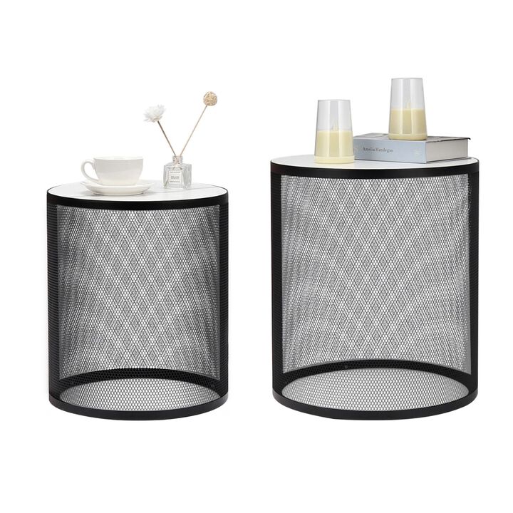 Set of 2 Nesting Metal Round Coffee Table Side Table MDF Top End Table Nightstand Stylish Design for Indoor Home Living Room