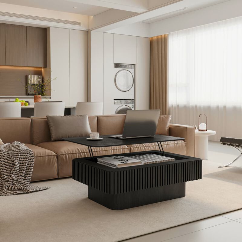Rectangular lift top coffee table Coffee table with hidden storage and soft close Fluted MDF and solid wood veneer coffee table image number 3