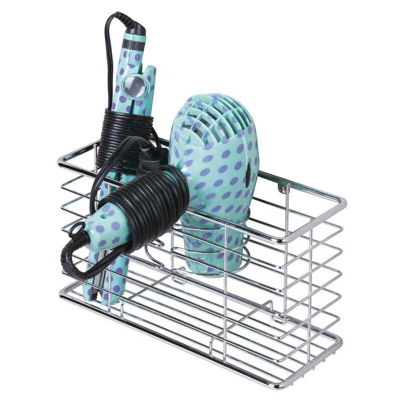 mDesign Steel Wall Mount Hair Dryer Storage Organizer Basket Holder - Chrome image number 6