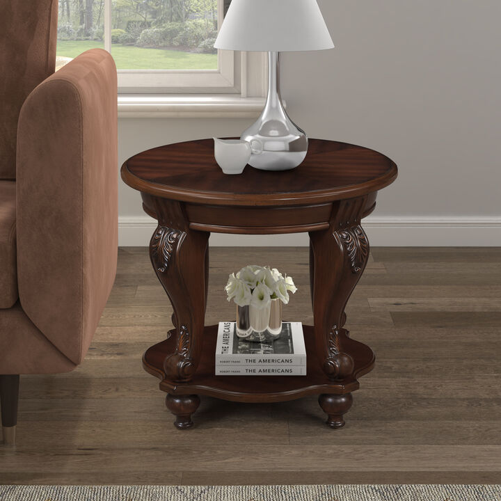 GOODSILO Retro Round Side Table with Fixed Shelf Antique Design Wood Veneer Top