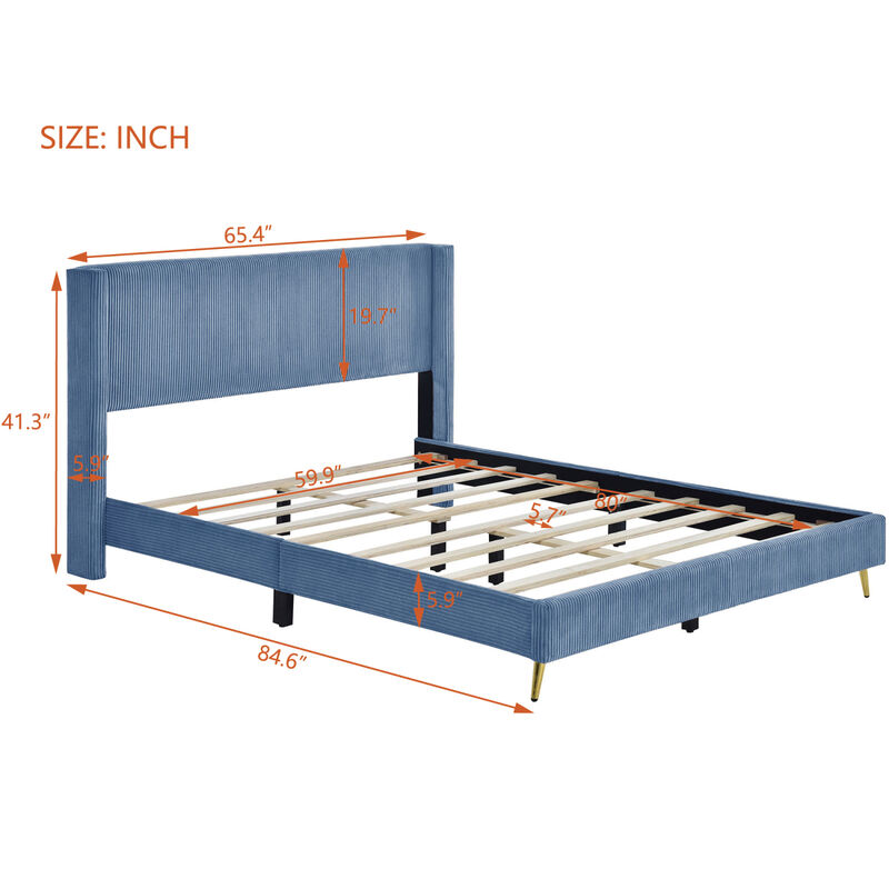 Queen Size Corduroy Platform Bed with Metal Legs