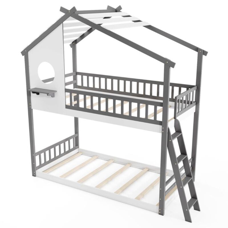Hivvago Twin over Twin House Bunk Bed with Roof and Guardrails for Kids