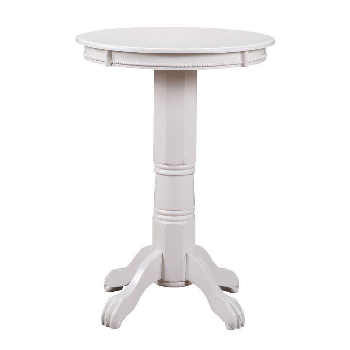 Ava 42 Inch Wood Pub Bar Table, Molded Trim, Carved Pedestal, White