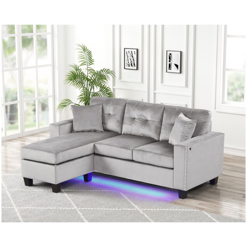 Lilola Home 74W Gray Velvet Reversible Sectional Sofa Chaise