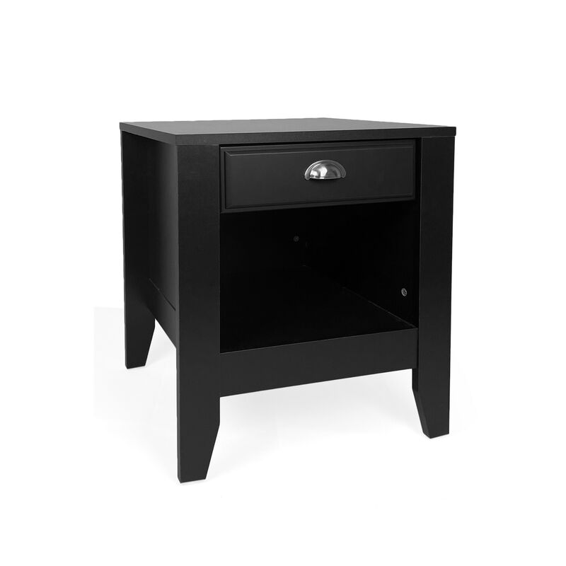 Crown Bedside Nightstand, 21 Inch, 1 Drawer and Open Shelf, Black MDF