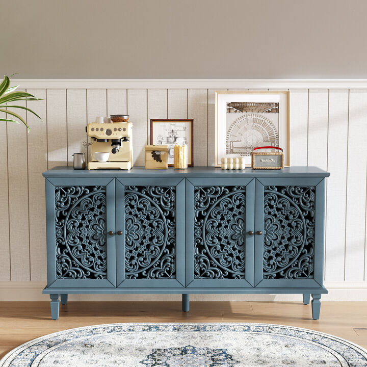 Merax Natural Wood Storage Cabinet with Carved Flower Doors