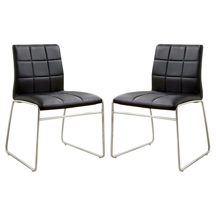 19 Inch Metal Dining Chair, Black Faux Leather, Square Tufting, Set of 2-Benzara