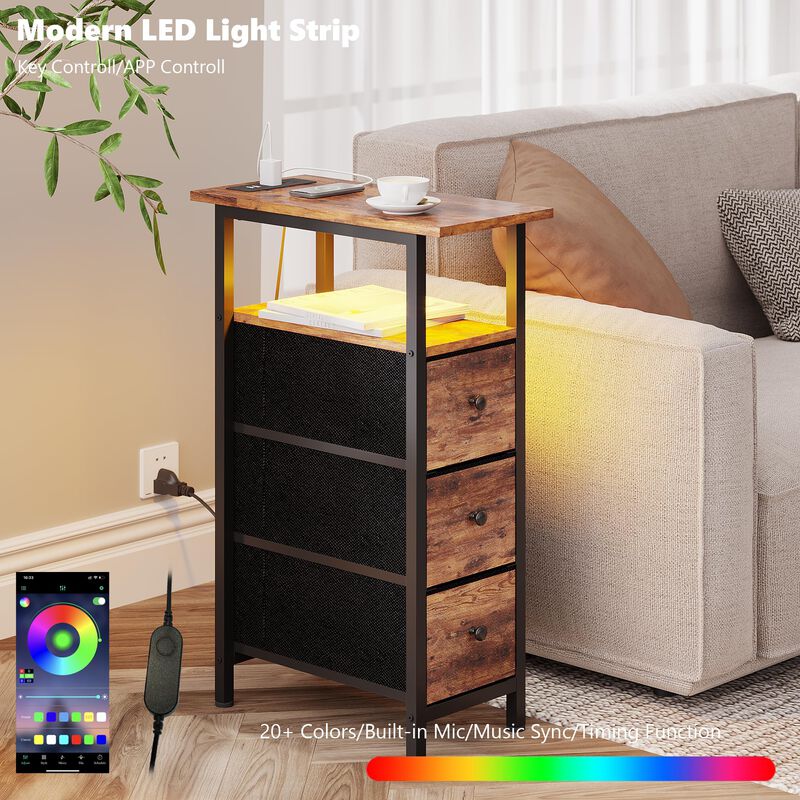 TRIFEBLE End Table with Charging Station, Narrow Side Table with 3 Fabric Drawers, Skinny Nightstand with LED Light, Slim Bedsid