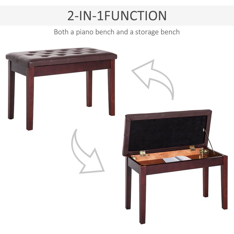 Elegant Duet Perch: Brown Birchwood Piano Bench with Faux Leather for Two