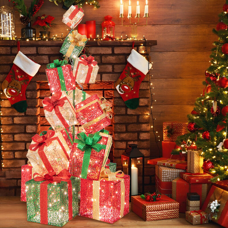 15 Stacked Lighted Christmas Gift Box Tower with 450 Warm White Lights image number 1