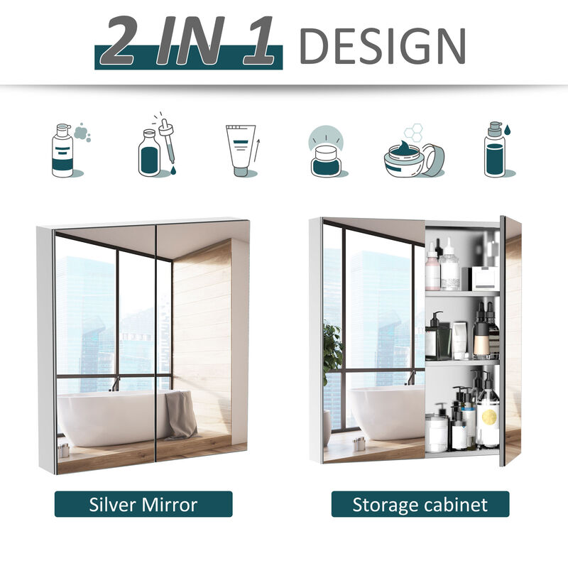 Wall-Mount Mirror Vanity Bathroom Stainless Steel w/Door Shelves, Silver 24"x26"