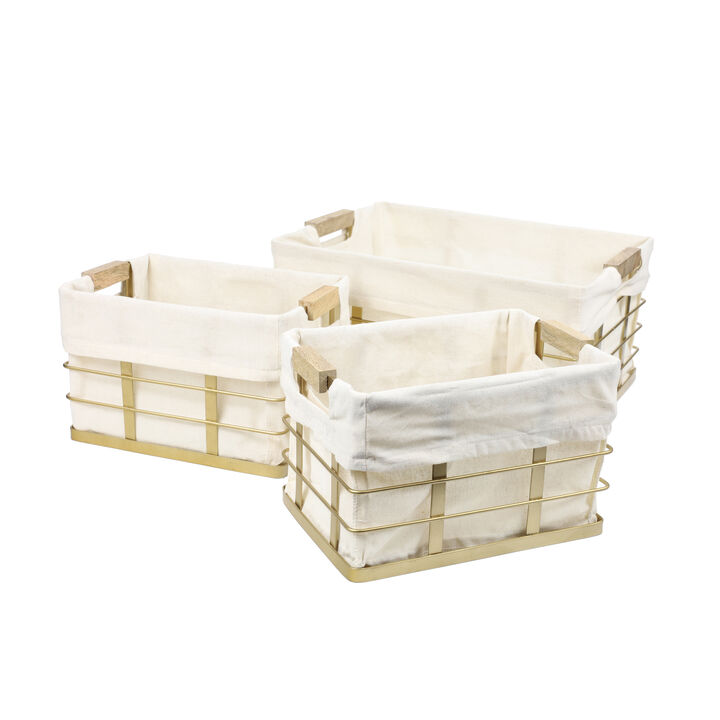 Callan Vintage Industrial Handmade Wire Metal Nesting Storage Baskets with Wood Handles and Fabric Liner