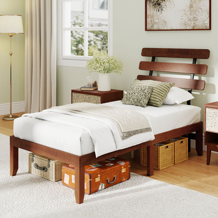 Retro Style Solid Wood Platform Bed Frame with Headboard