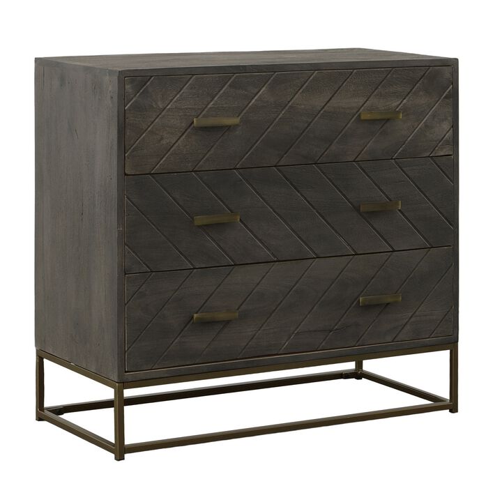 Roy 32 Inch 3 Drawer Mango Wood Dresser Chest, Bronze Metal Frame, Gray-Benzara