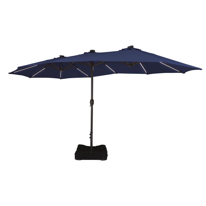 15 FT Double-Head Patio Umbrella with Base Included Large Outdoor Umbrella with Solar Detachable Lights Rectangular Crank Market Umbrella, Red