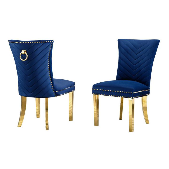 Best Quality Furniture Navy Blue Velvet Side Chairs With Gold Base (Set Of 2)