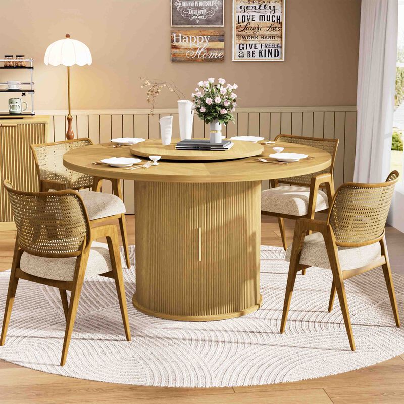 55 Inch Round Dining Table for Six with Rotating Tray and Double Tier Storage Rack Walnut Dining Room Table