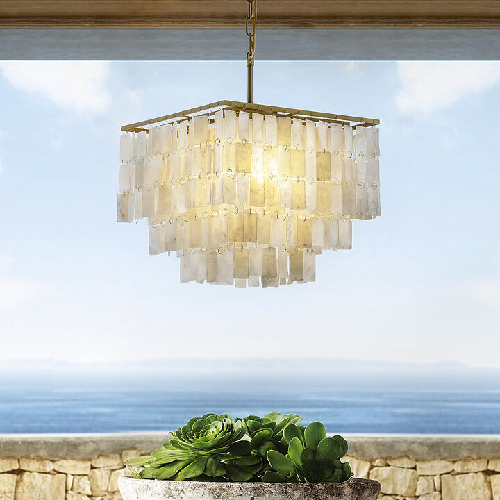 3-Light Unique/Statement Square Coastal Natural Capiz Shell Tiered Chandelier